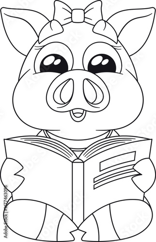 Black-and-white piglet reading book vector illustration