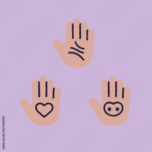 3D hand icon set with symbols for charity, fortune-telling, and savings on a lilac background