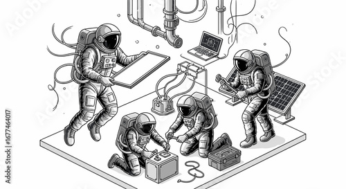 Astronauts collaborate on a futuristic space station installation, showcasing teamwork and technological advancement.