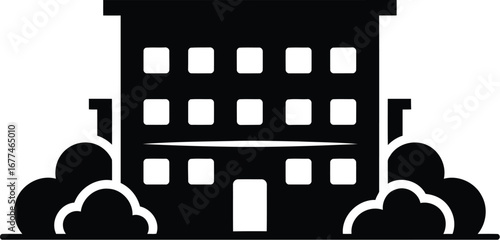 Vector art of stylized silhouette of a twostory building with surrounding greenery