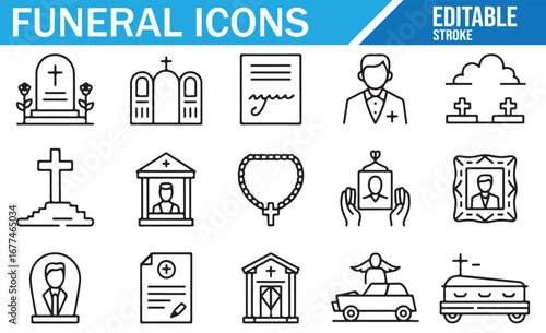 Set of Icons Representing Graves, Crosses, and Memorial Services