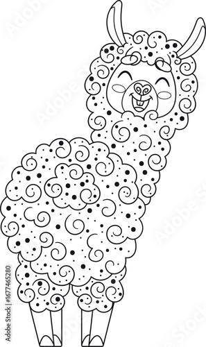 Black-and-white fluffy llama alpaca mascot