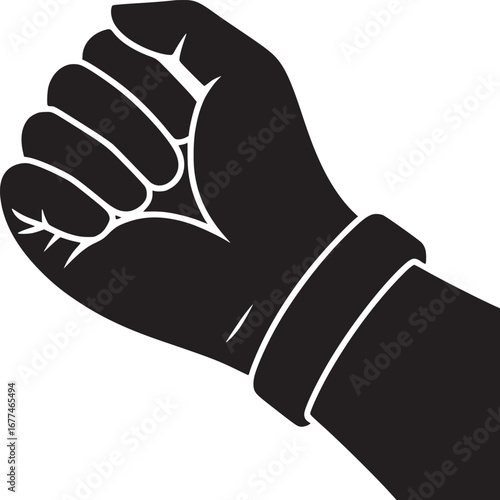 A black and white graphic of a clenched fist with a wristband on a plain white background art