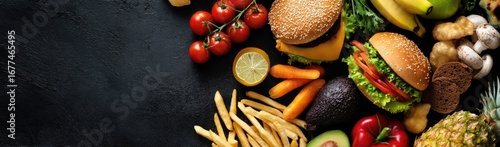 Assorted food items, including burgers, fries, fruits, and vegetables, arranged on a dark surface