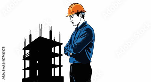 Thoughtful construction worker in hard hat examines building blueprint on white background