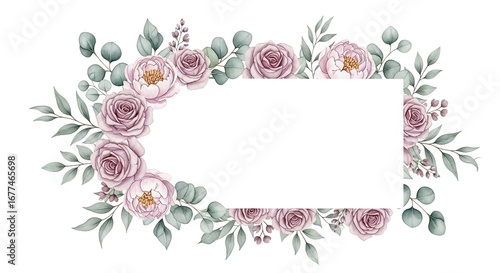 A watercolor floral frame with dusty pink roses and green eucalyptus leaves, creating an elegant rectangular border on a white background.