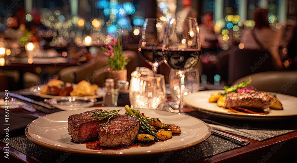 Fototapeta premium Elegant dinner setting with steak and wine (1)