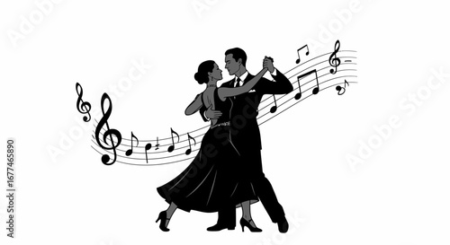 Elegant couple dancing gracefully to music with swirling notes