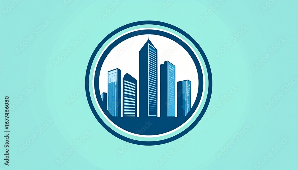 Fototapeta premium Stylized illustration of a modern city skyline with tall buildings in shades of blue and teal, framed within a circle.