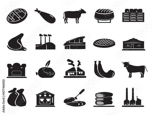 Collection of Meat Factory Product Icons in Stylish Silhouette Vector Illustration