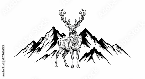 Majestic stag stands proudly before a dramatic mountain range in a striking black and white illustration.