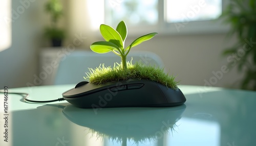 Green plant growing from computer mouse
