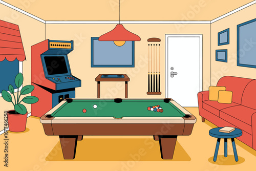 Cozy Game Room Interior with Pool Table and Arcade Machine