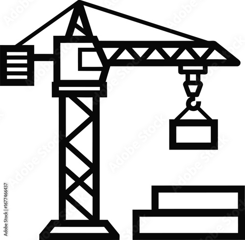 Vector art of construction crane lifting a concrete block, a symbol of progress