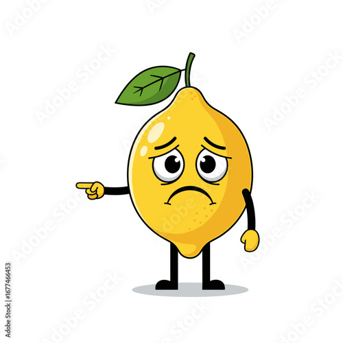 A sad lemon character feeling unhappy and pointing away indicating disappointment or dismissal