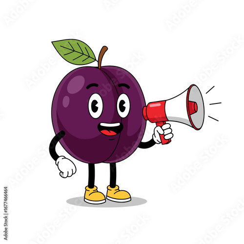 Funny plum character holding a megaphone announcing something to the world