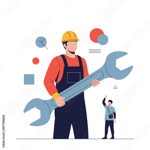 Skilled mechanic holding a giant wrench ready for industrial repair and maintenance tasks