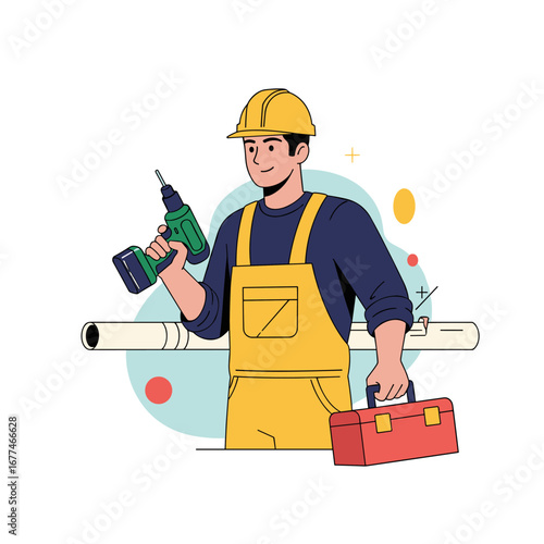 Skilled construction worker holding power drill and toolbox ready for home improvement projects