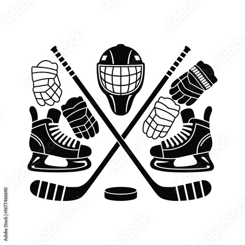 Ice Hockey Equipment Illustration – Helmet, Gloves, Skates, Sticks and Puck Vector Design.