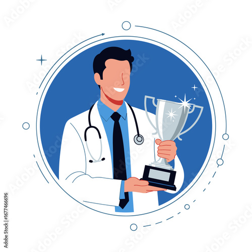 Doctor holding a trophy symbolizing medical achievement and excellence in healthcare services recognized for outstanding patient care and contributions