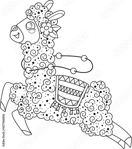 Black-and-white happy llama alpaca jumping