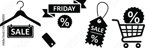 Vector art of black friday sale icons set featuring discounts and promotions