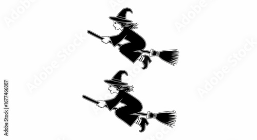 Two witches flying on broomsticks against a white background, a whimsical Halloween illustration