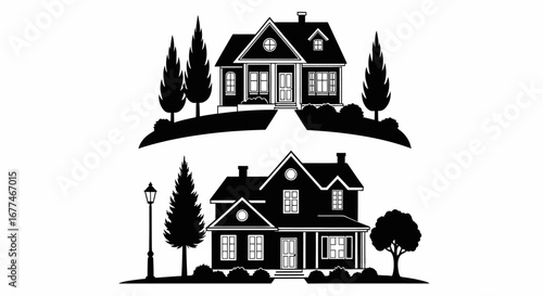 Charming silhouette illustrations of two distinct residential houses with manicured landscaping.