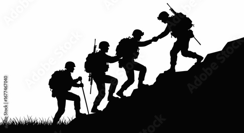Soldiers helping each other climb a steep rocky slope, demonstrating teamwork and support.