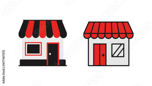 Two Flat Design Storefront Icons with Striped Awnings