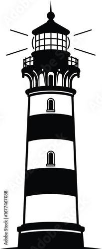 Vector art of a tall lighthouse with black and white stripes stands as a beacon