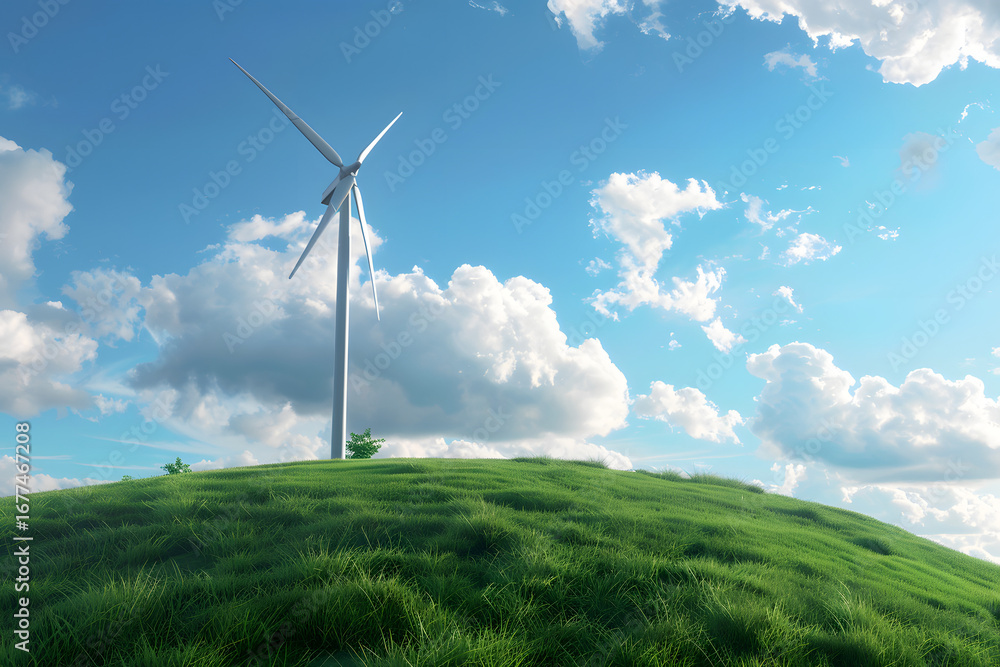 Fototapeta premium Wind Turbines in Green Landscape: Renewable Energy and Clean Power on Rural Hills 