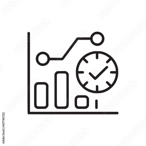 Illustration of a bar graph with a line connecting it to a clock with a check mark inside it