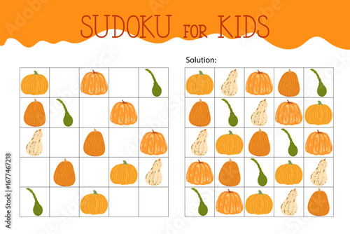 Pumpkins sudoku educational game or leisure activity worksheet illustration, printable grid to fill in missing images, autumn Thanksgiving topical vocabulary, puzzle with solution, teacher resources