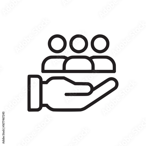 Outline icon of three people on a hand representing support or assistance on a white background