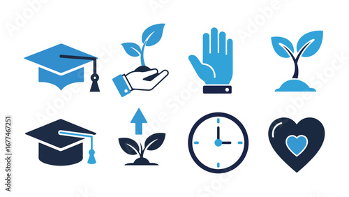 A collection of modern blue icons representing growth, education, time, and care concepts.