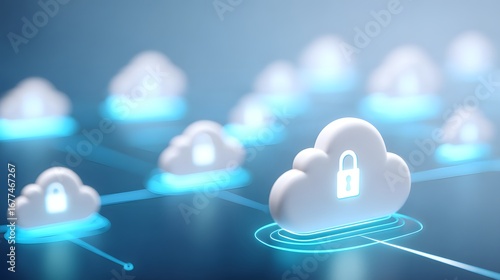 A futuristic digital representation of cloud technology with secure storage, showcasing interconnected clouds with padlocks.