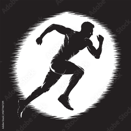 Silhouette of a runner in motion against a bright circular background in black and white style
