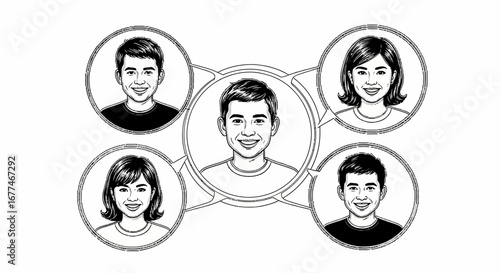 Smiling faces connected in a network, representing communication and relationships