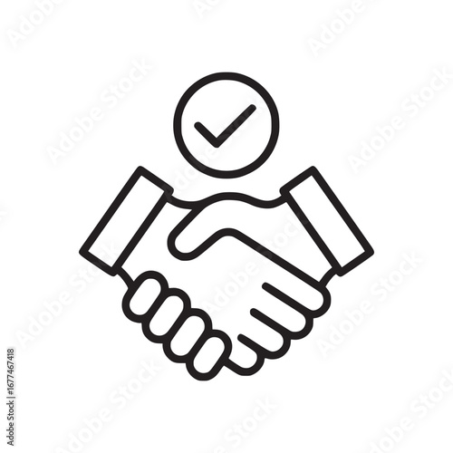 Outline illustration of a handshake with a checkmark above it on a plain white background design icon