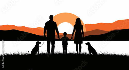 Joyful family with two dogs silhouetted against a vibrant sunset by the water