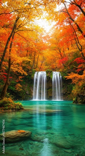 Lush waterfall in vibrant autumn forest cascade