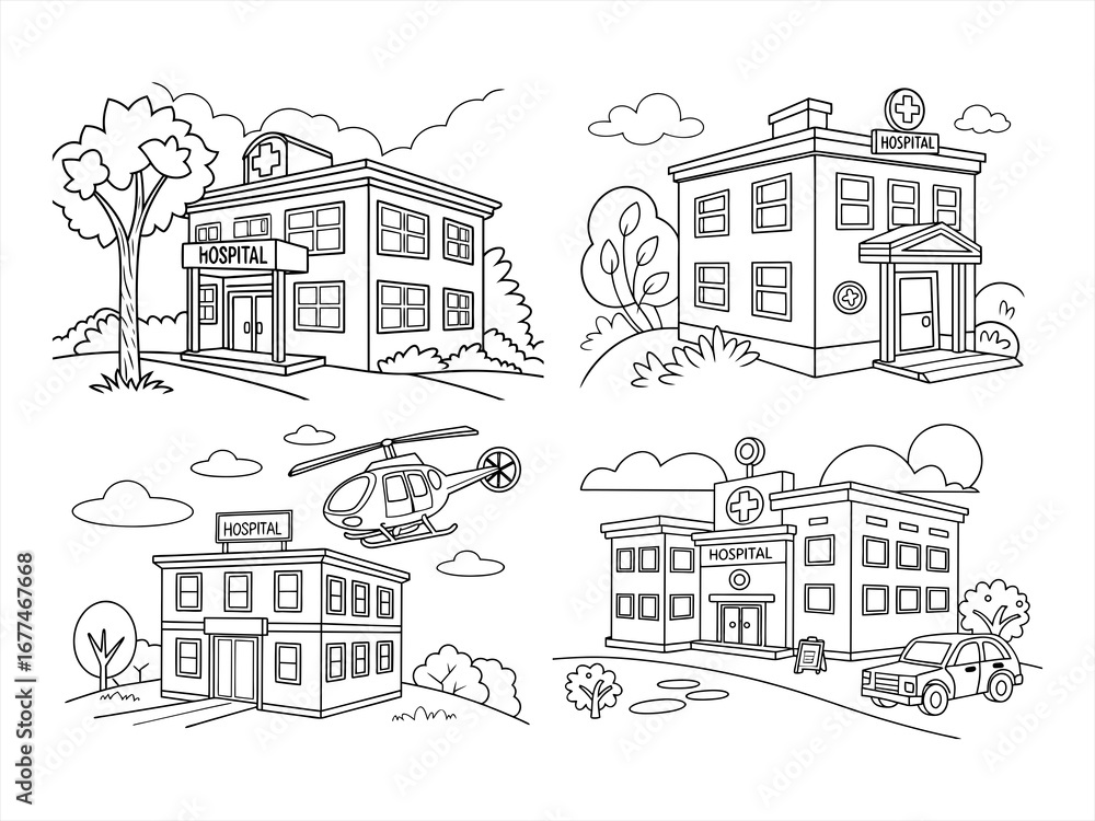 Fototapeta premium coloring page line art the hospital black vector bundle