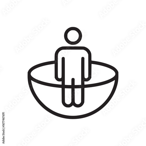 Icon of a person standing in a bowl like structure with a white background and black outline style
