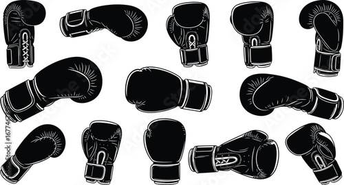 Boxing gloves collection, black and white vector art, sports gear, fighting equipment, boxing accessories, training gloves, combat gloves, athletic gear