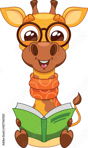 Cute nerd giraffe reading book