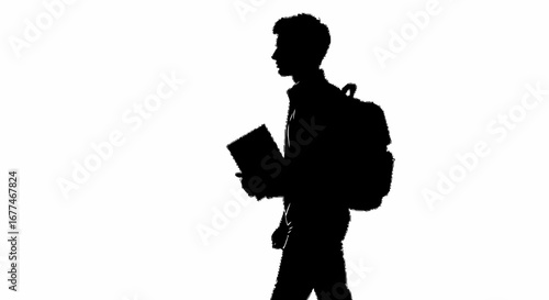 Silhouette of a young person walking with a backpack and a book against a bright white background