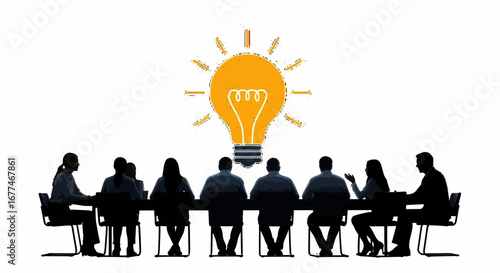 Diverse group collaborating around a table, illuminated by a bright idea symbolizing innovation and teamwork.