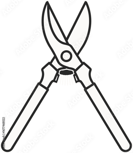 Illustration of pruning shears with white outline on a dark gray circular background