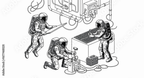Astronauts collaborate on a complex technological project in an abstract, futuristic setting.